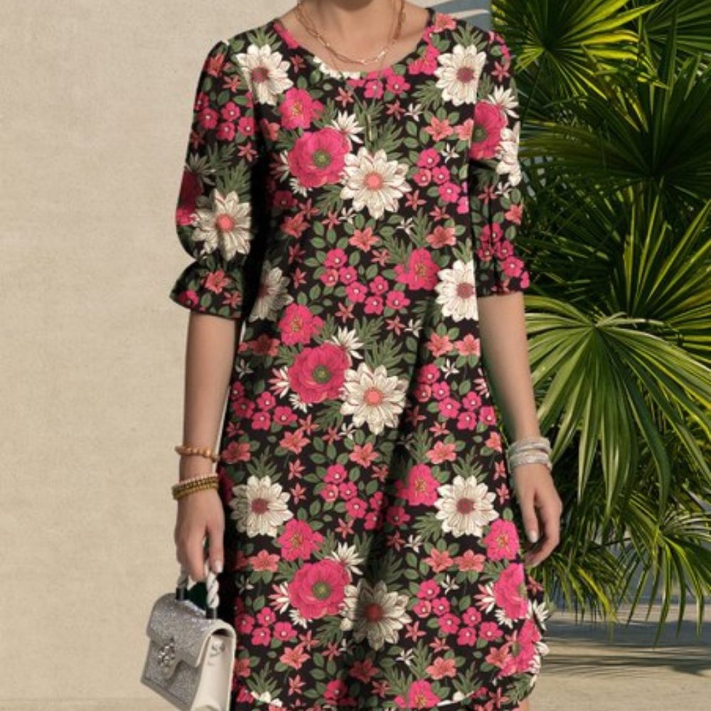 IZURIA Black & Pink Floral Ruffle-Hem Half-Sleeve Shift Dress / Size 2X / NWOT